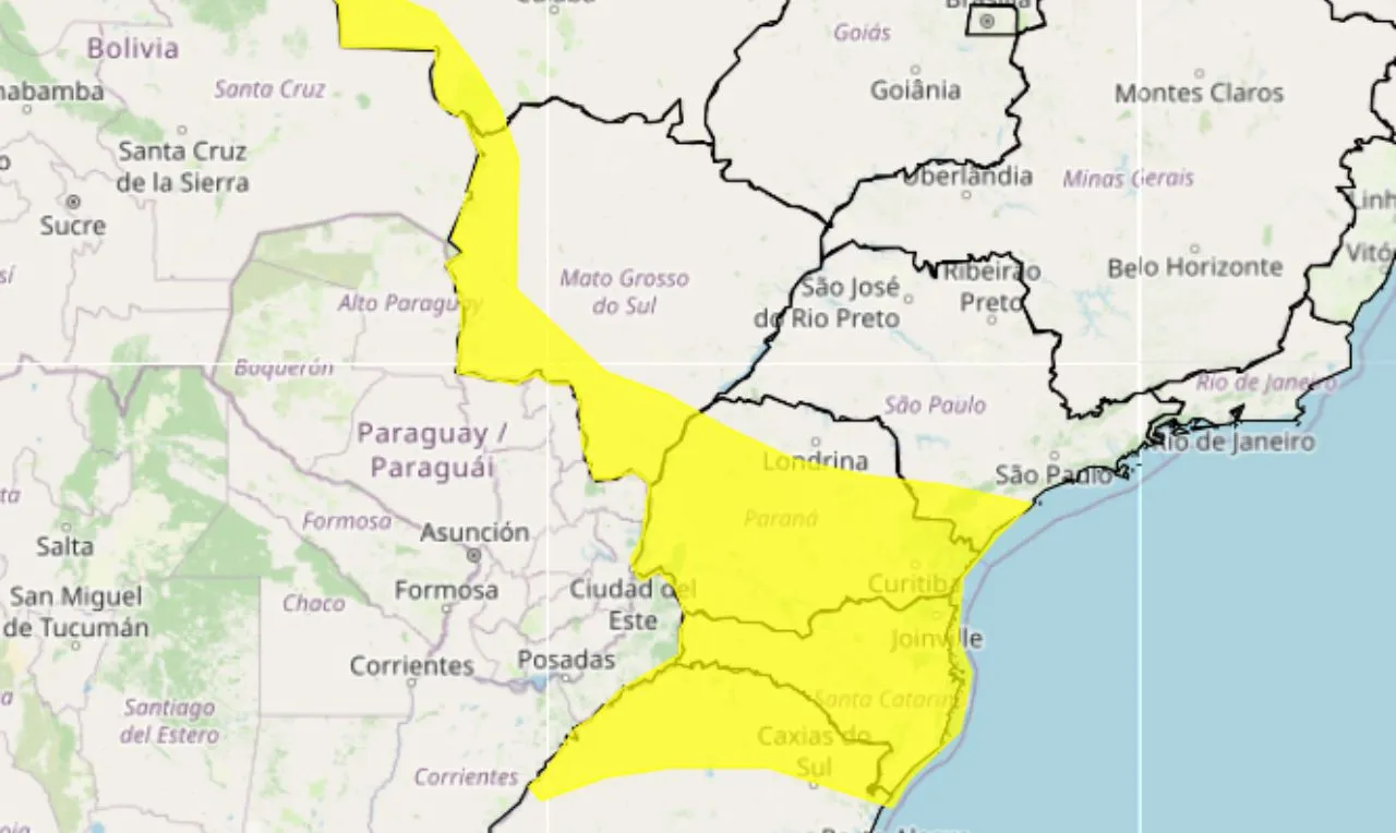o mapa mostra &agrave;s &aacute;reas em alerta para chuva intensa